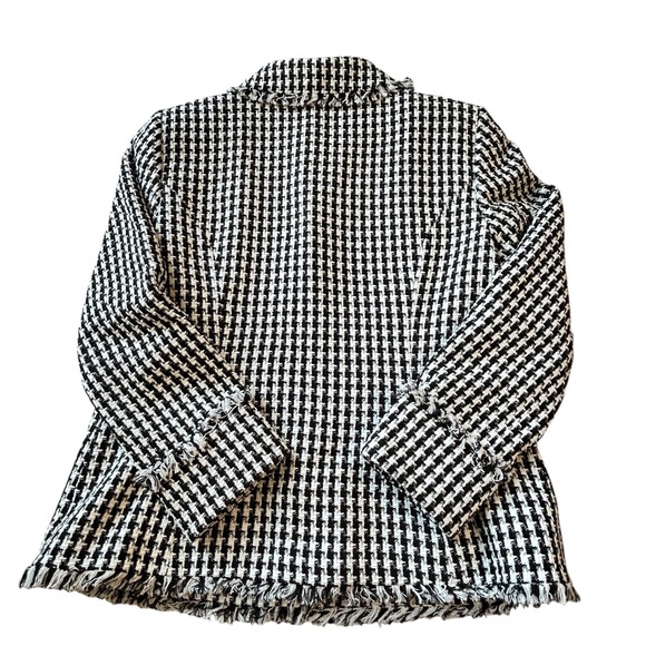 Karl Lagerfeld‎ Paris Houndstooth Tweed Fringed Jacket - Black White - Picture 2 of 9